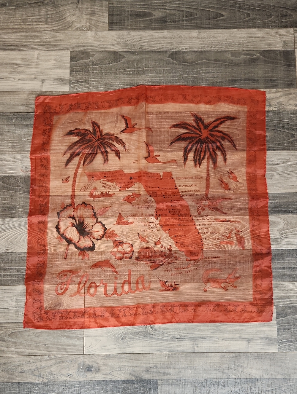Vintage Florida Map Souvenir Scarf in Coral Red Orange